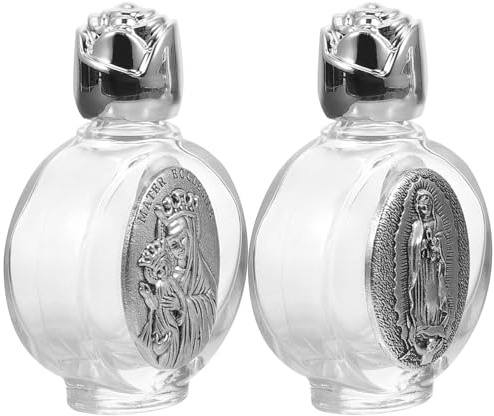 LALAFINA Holy Water Bottles Small Size 2pcs Portable Glass Embossed with Alloy Caps, Refillable Decorative Bottles for Home Décor and Wedding Party Favors Suitable for Travelling