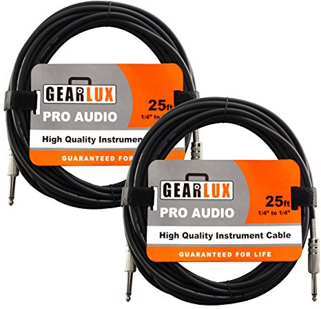 Gearlux Instrument Cable/Guitar Cable, 1/4 Inch, Straight to Straight, Black, 25 Feet - 2 Pack