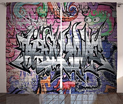 ABAKUHAUS Städtisch Rustikaler Vorhang, Graffiti Grunge Wandkunst, Wohnzimmer Universalband Gardinen mit Schlaufen und Haken, 280 x 175 cm, Grau Pink