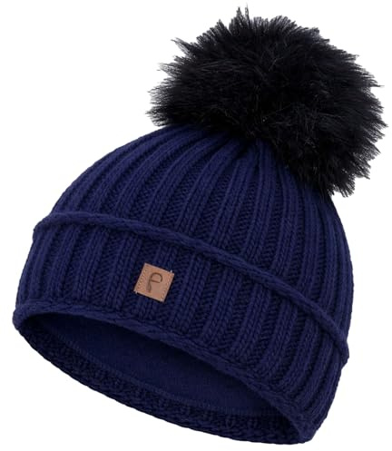 Faera Wintermütze Damen Mütze gefüttert mit Kunstfell Bommelmütze Mädchen Fleecefutter Winter Strickmütze Beanie Herren 34