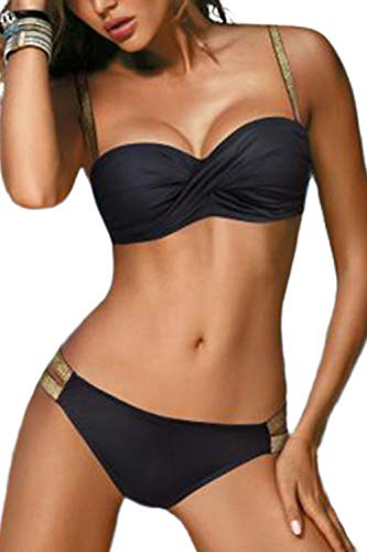 JFAN Traje de Baño de Mujer Cinturón Dorado Acolchado Bra Tops de Bikini Conjunto de Bikini de Color Liso Push Up Swimwear Dos Piezas Trajes de Baño Divididos(Negro,M)