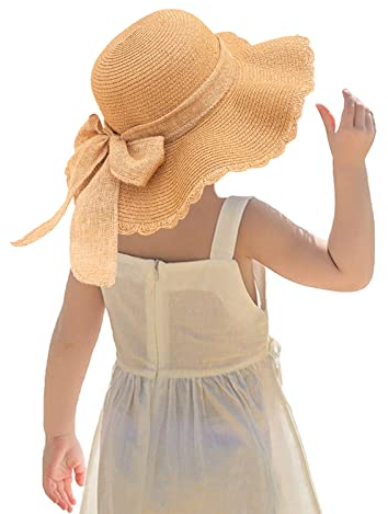 Kunyeah Mädchen Strohhut Mütze mit breiter Krempe Sonnenblende Hüte Bowknot Sonnenhut für den Urlaub Reise Outdoor-Aktivitäten