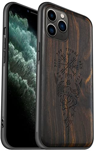 Carveit Coque pour iPhone 11 Pro Étui Bois, (Sombre-Viking Compas) | Étui en Bois Cover, Etui en Rigide Antichoc avec Protection TPU Case Compatible avec iPhone 11 Pro Coque