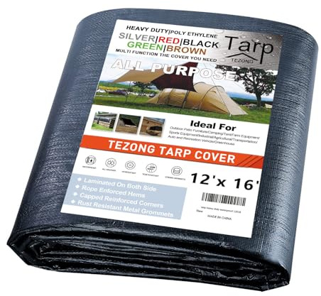 Tarps Heavy Duty Waterproof 12x16ft,TEZONG Black Tarp 12Mil Plastic Tarpaulin Outdoor Tarp Cover for Emergency Rain,Patio Furniture,Wood,Roof,Camping,Car,Pool