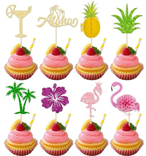 Gyufise Tropische Cupcake-Topper, Aloha-Cupcake-Picks, Flamingo-Kuchenaufsätze, Hawaiianische Luau-Kuchendekorationen für Aloha-Babyparty, tropische Hochzeitsparty-Dekoration, 32 Stück