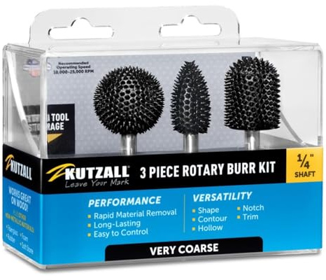 Kutzall Kit de fraises rotatives 3 Pièces - Axe de ¼ po. - Grain Varié - Accessoires de Travail du Bois pour Outils Bosch, Makita, Milwaukee - Carbure de tungstène structuré