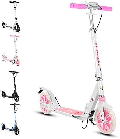 Bueuwe City Roller Erwachsene 150 kg Tragkraft, Tretroller Cityroller Erwachsene mit 200mm LED-Blinkräder, Klappbar Kickboard Big Wheel Scooter, Höhenverstellbar, Scheibenbremsen,Rosa