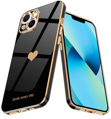 Teageo Lovely Case for iPhone 13 mini, Cute Heart Back, Black | Luxury Bling Plating, Soft TPU, Anti-Scratch Shockproof Bumper, for Women Girls, Lovely Heart Pattern