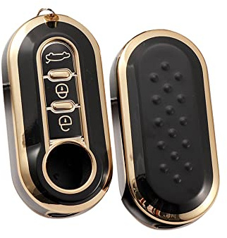 HIBEYO Klappschlüssel Autoschlüssel Hülle passt für FIAT Schlüsselhülle Silikon Schutzhülle für FIAT 500 Panda Grande Punto Bravo Scudo Schlüsselbox Cover Case Fernbedienung 3-Tasten-Gold Schwarz