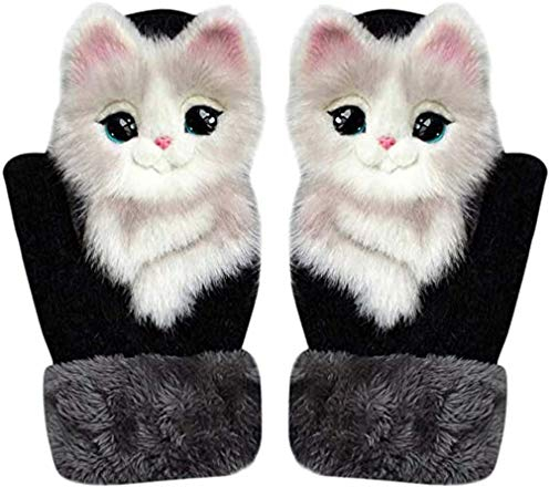 Cute Animal Mittens,Cartoon Tier Handschuhe Fäustlinge Frauen,Winterhandschuhe,Warm,Gestrickt,Weich, Fahrradhandschuhe,Strickhandschuhe für Damen,Stretchhandschuhe (Schwarze-Katze, One Size)