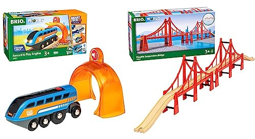 BRIO World 33971 Smart Tech Sound Lok mit Aufnahmefunktion Elektrischer Zug & World 33683 - Hängebrücke - Eisenbahnzubehör Holzeisenbahn