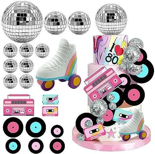 20 Stück Rollschuh-Kuchenaufsatz, Disco-Kugel-Kuchenaufsätze, Retro-Hip-Hop-Themenparty, Kuchendekoration für Jungen oder Mädchen, 80er-/90er-Jahre-Party-Dekorationen (weiß)