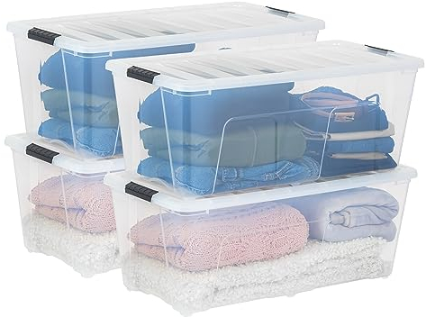 Iris Ohyama Aufbewahrungsbox mit Deckel, 80L, 4er-Set, Transparent, Schnappverschlüsse mit Griffen, Stapelbar, Stark & Langlebig, Für Kleidung, Garage, Zuhause, Büro, Plastikbox, Lagerung TB-84D