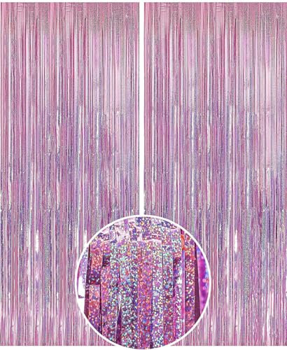 Jiosdo Laser Foil Curtains, 2 Pcs Metallic Tinsel Curtains Party Streamers Decorations Christmas Foil Decorations Wedding Baby Shower Birthday Background Curtains, 210 X 100 cm (Pink)