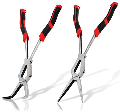 ABN Straight and 45-Degree Bent Needle Nose Pliers Set, Long Reach Pliers 2 Pack - Extra Extended Plier Kit with Curve Angled and Straight Angle, Professional Thin Nosed for Skinny Sharp Angles