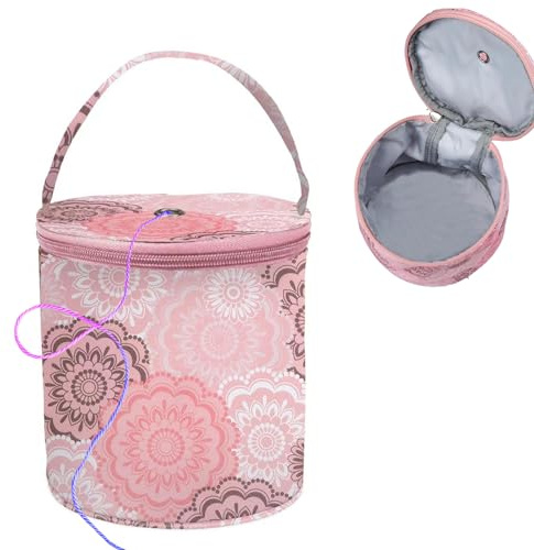 SwirlColor Aufbewahrungstasche Häkeltasche, Kleine Größe Bedruckte Garn Speicher Tragbare Tasche mit Reißverschluss Häkeltasche Organizer für Garne Wolle Nadeln, mit Einem Lineal (Rosa)