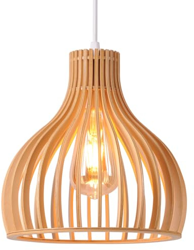 AWEKLIY vintage hängande vardagsrumsljuskrona i trä, dekorativ taklampa i fågelbur, industriell retro handgjord taklampa E27, justerbar höjd, vardagsrum, matsal, sovrum, kök, ø 23 cm, vit + natural