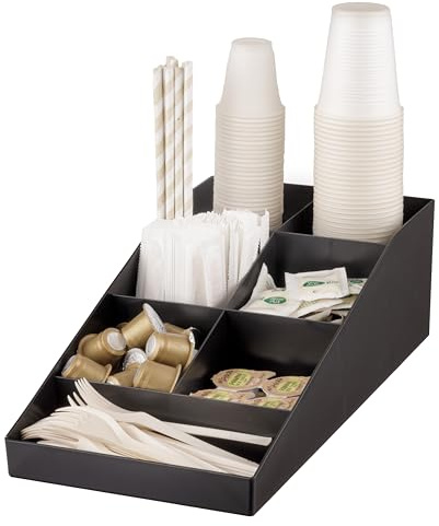 Baroni Home Organizador de cocina de plástico resistente con 7 compartimentos, organizador para tazas, cubiertos, azúcar, cucharillas, pajitas, diseño funcional y fácil de limpiar, negro