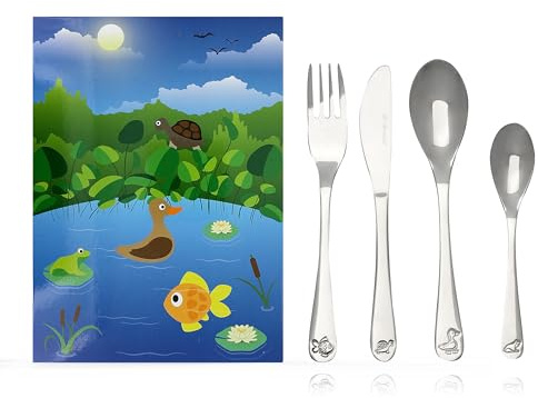 Zilverstad Kinderbesteck mit Namensgravur - Gartenteichtiere - Fisch, Frosch, Schildkröte, Ente - 4-teilig eigener Gravur/Namen auf Besteck (Gravur möglich)