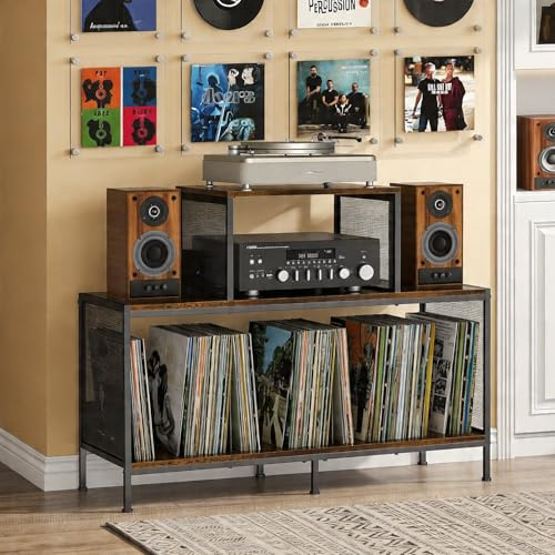 Sonyabecca Spacious Vintage Record Player Table - Holds 150-250 Vinyl Albums, Adjustable Dividers, Side Display Areas - Ideal for Living Room, Bedroom, Office