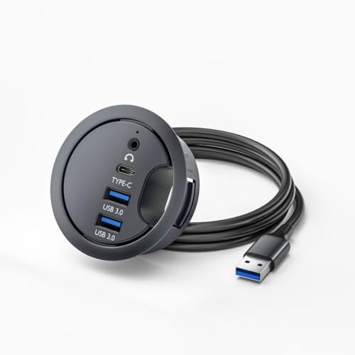chenyang USB 3.0 Unterputz Desktop Hub,2 USB 3.0 Port/1 USB C Port Hub Tüllenloch 2,36 Zoll (60 mm) mit 3,5mm Audioanschluss