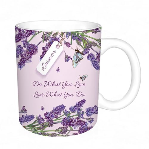 KDWJS Tasse Keramik Kaffeetassen Große 11oz Tassen 330ml Trinkgläser Mit Griff Personalisierte Geschenk Weiß,Lila Lavendelblüten Frühling Schmetterling auf Blume Blume mit Vintage Kräuterblätter für