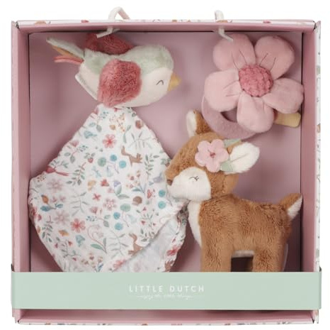 Little Dutch Geschenkset Baby 3-teilig (Schmusetuch, Greifling, Stofftier) ideal zur Geburt Reh rosa - Fairy Garden