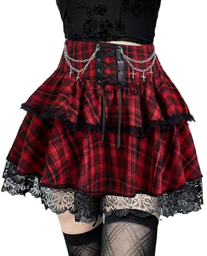 DINGJIUYAN 2 Layered Mini Skirt with Chains Gothic Y2k Ruffle Pleated Skirts Steampunk Lace Hem Front Bandage Short Skirt