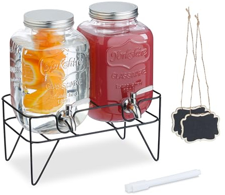 Relaxdays Set 2 Dispensadores Bebidas con Soporte, Recipiente Limonada 4L, Grifo Acero Inoxidable, Cristal, Transparente
