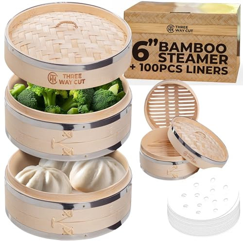 Three Way Cut 6 Inch Dumpling Bamboo Steamer 2 Tier - Steel Reinforced, 100PCS Liners, Round, Natural