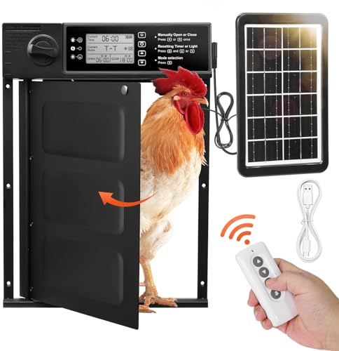 Automatische Hühnerklappe Solar,Aluminum Automatische Hühnerklappe,Hühnerklappe Automatisch mit Fernbedienung,Lichtsensor,Timer,LED Display,7W Solarpanel,Wasserdicht Intelligenter Einklemmschutz