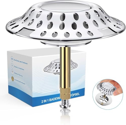 XUEYUXUAN 2-in-1 Badewannenstöpsel, Ø 72 mm Abflussstopfen Badewanne, Stöpsel Badewanne mit Haarsieb,höhenverstellbarer Abflusssieb Badewanne, Haarsieb Badewanne aus Messing gegen Verstopfung