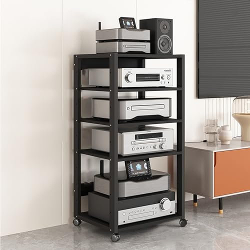 Vintage HiFi TV Rack mit Vinyl Halterung und Bremsen Retro Audio Schrank für Wohnzimmer Schlafzimmer Büro Tragbarer Plattenspieler Ständer auf Rädern (50 x 40 x 35 cm)