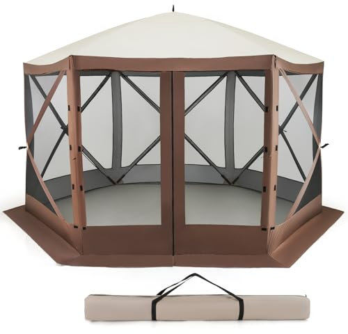 COSTWAY Pavillon 3,5x3,5m, Pop up Faltpavillon mit Tragetasche & Moskitonetz Seitenteilen, Partyzelt faltbar, Gartenpavillon zum Campen im Garten