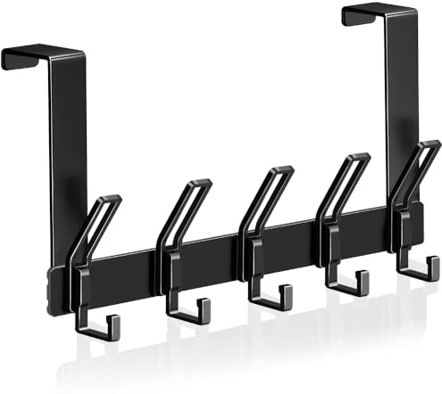 MIVITOOM Over Door Hooks, Over Door Towel Rack with 5 Hooks, Sturdy Hooks for Coats, Hats, Bags, Clothes（Black）