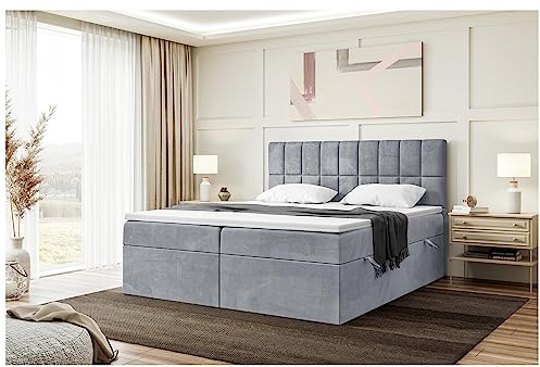 MEBLINI Boxspringbett mit Bettkasten - 180x200 - Gepolstert Doppelbett mit Matratze und Topper - Polsterbett mit Stauraum - Bett mit Kopfteil - Stauraumbett - Lukas - H3/Grau Samt