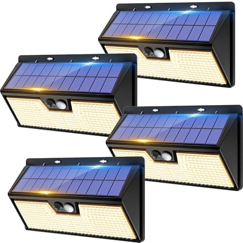 4 Pack Solar Security Lights Outdoor Motion Sensor, 318LED Super Bright Solar Powered Light with 3 Lighting Modes, IP65 Waterproof Wireless Pir Wall Lights for Outside Garden Fence Yard (Warm White)