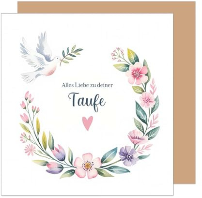 Edition Seidel Premium quadratische Glückwunschkarte zur Taufe mit Umschlag. Taufkarte Grußkarte Karte Taufkind Junge Mädchen Kinder Kind Taube Blumenkranz (ETQ136 SW025)