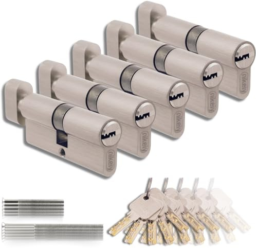 Set di 5 Cilindri con Pomello in Ottone 40/40mm con Chiave Unica, 25 Chiavi Incluse, 10 Viti, Serrature Universali per Porte e Garage, Lunghezza 80mm, Montaggio Facile