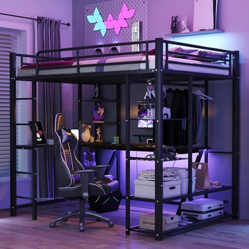 Merax Kinderbett Hochbett,Metall,140x200 cm, mit Schreibtisch,mehrere Regalen,einfach Kleiderschrank-Design,Leiter, Stabiler Metallrahmen, für Kinder und Jugendliche, Ohne Matratze,Schwarz