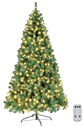 Bonnlo 6ft/1.8m Pre Lit Artificial Christmas Tree with 250 Warm White LED Lights, 8 Lighting Modes, Sturdy Metal Stand (Green)
