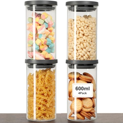 VINATO 4 Pezzi Barattoli Vetro Con Coperchio per Cucina - Set Ermetico in Borosilicato, Contenitori Cucina, BPA-Free, 600ml per Frutta Secca e Spezie