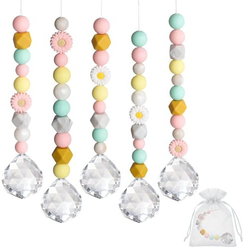 5 Stück Kristall Sonnenfänger Bastelset DIY Suncatcher Fensterdeko (A) | Suncatcher Deko Anhänger mit Silikonperlen und 30mm Kristallkugel, kreative DIY-Bastelset für Kindergeburtstag Fenster Garten
