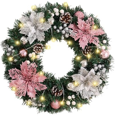 Milageto Weihnachtskranz- zum Aufhängen an der Tür, mit Licht, Fenster, Weihnachtsdekor, Kamin, Heim, Tannenzapfenkranz, künstliche Kieferngirlande, 30cm