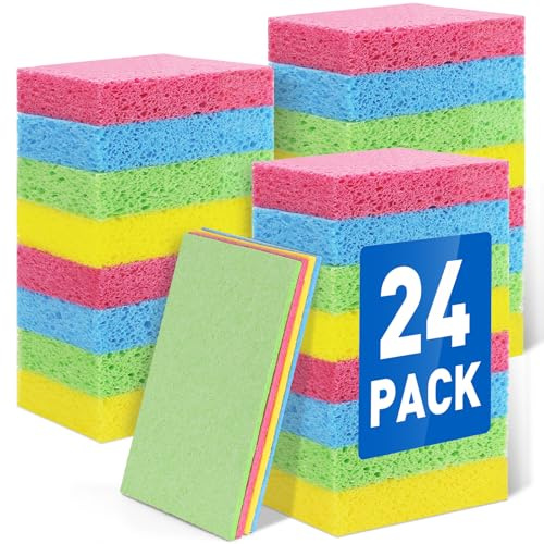 24 Pack Compressed Cellulose Sponge, Non Scratch Kitchen Sponges for Dish Cleaning, Multipurpose Household Cleaning Sponge for Kitchens, Bathrooms, Cars