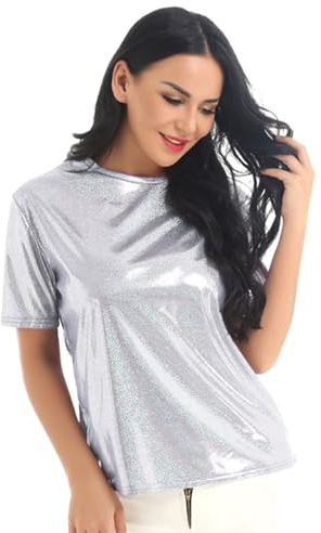Metallic Silber Oberteil Damen Glänzend Holografisches Top T-Shirt Space Girl Kostüm Weltall Kostüm Damen