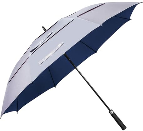 LANBRELLA Golf Umbrella Windproof Stick Umbrella Triple-layer Inter-vented Canopy Vented Auto Open 62 Inch-A2.3 Silver/Navy Blue UV