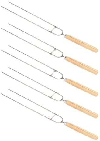 Healifty Tenedores para Carne de Barbacoa en Forma de U de Acero Inoxidable No Magnético Mango de Madera, Pack de 5 Unidades, Brochetas Reutilizables para Alitas de Pollo y Cordero,