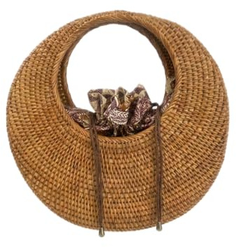 creazioni unique Borsa Paglia Donna Estiva in Midollino con Intreccio in Rattan - Borsetta Tonda con Cinturino Lungo - Interno in Cotone - Borsa Primavera Estate 2024 (Moon)