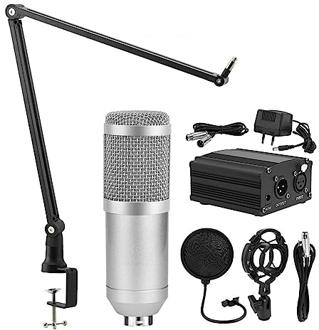 Microfono Studio V8 Scheda audio Kit alimentazione phantom Bm800 Microfono a condensatore for PC Registrazione computer Karaoke Streaming(Silver Mic kits 2)